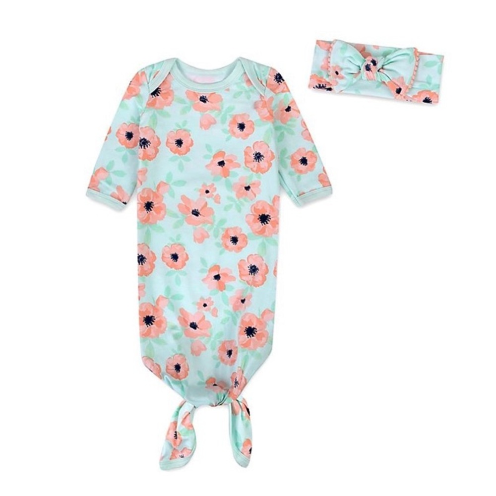 Baby‎ Essentials Newborn Floral Gown & Headband Set - Teal/Pink 0-3M NWT